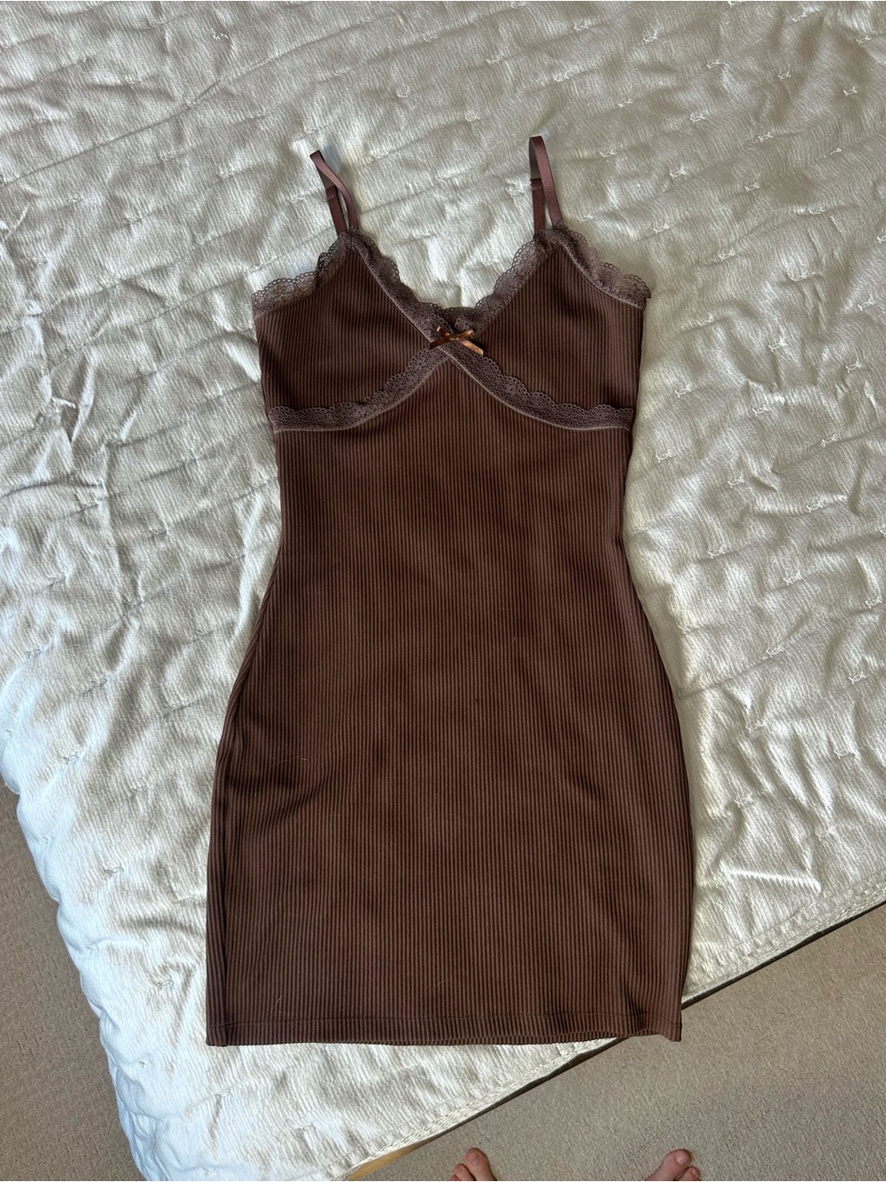 NWOT H&M Brown Ribbed Lace-Trim Slip Dress